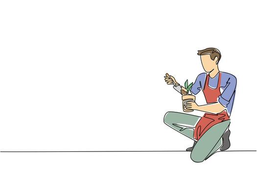 Continuous line drawing of a young man kneeling with apron while planting in a small pot, symbolizing nature concept and National Gardening Exercise Day activity with dedication. vector