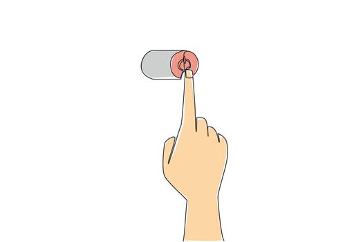 A hand pressing red power button is illustrated in single line drawing style, symbolizing technology concept, restart, renewal, and cultural reminder of fresh beginnings for National Start Over Day. vector