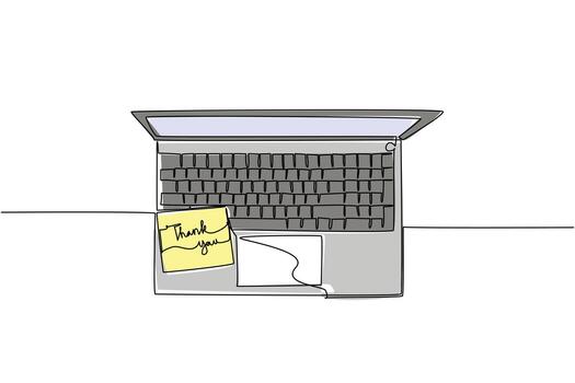 A continuous line drawing of a laptop with a thank you note, representing a business concept of workplace appreciation and gratitude for Thank You Day, promoting kindness and recognition. vector