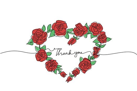 Continuous line drawing of red roses arranged in a heart shape with thank you message inside, representing love, gratitude, and appreciation on Thank You Day greeting card in a floral concept. vector