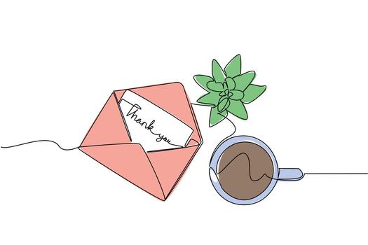 A continuous line drawing of an envelope with a thank you card, coffee, and plant, symbolizing a business concept of appreciation and positivity, representing Thank You Day in workplaces and community vector