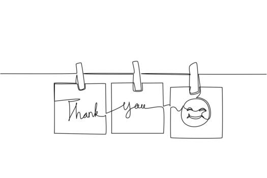 Creative continuous line drawing of thank you notes paper and emoji face clipped on a string, symbolizing positivity, gratitude, and social connection in a business concept for Thank You Day event. vector