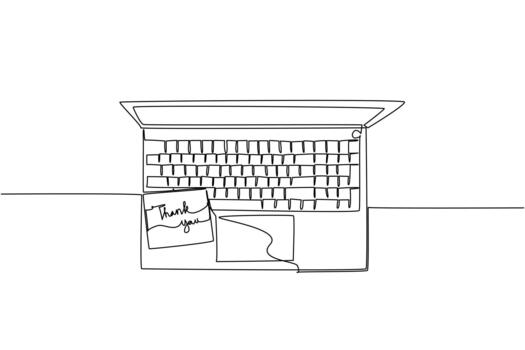 Flat continuous line drawing showing laptop with thank you card on keyboard, symbolizing gratitude, appreciation, and kindness in a business communication concept for Thank You Day celebration. vector