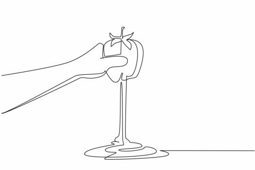 Continuous line drawing of a hand squeezing a tomato with juice pouring out, symbolizing farming, nutrition, and health concept for World Tomato Day event celebration. vector