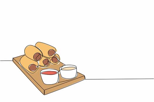 A continuous line drawing of sausage rolls with dip on a plate, designed as a food concept for National Sausage Roll Day, representing delicious snacks in a minimalist and modern illustration style. vector