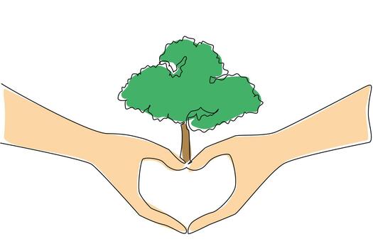 Two hands form a heart with a green tree growing in the center, symbolizing love, respect, and responsibility for nature in continuous line drawing style, highlighting World Environment Day. vector