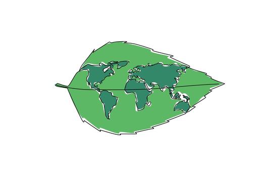 A green leaf with continents drawn as a world map symbolizes harmony between Earth and nature in continuous line drawing style, representing a nature concept for World Environment Day. vector
