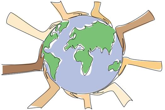 Continuous line draw of diverse hands around Earth illustrates unity and environment concept for World Environment Day, promoting global cooperation, sustainability, and collective care for the planet vector