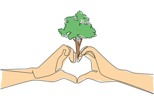 Two hands form a heart while holding a small green tree, symbolizing care, love, and protection for nature in single line drawing style, reflecting a nature concept for World Environment Day. vector