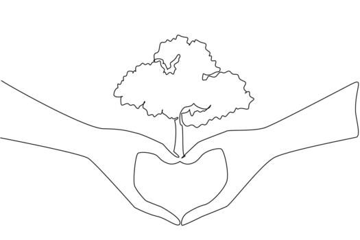 Continuous line drawing of hands forming a heart around a tree conveys conservation concept for World Environment Day, promoting care, love, and global responsibility for protecting ecosystems. vector