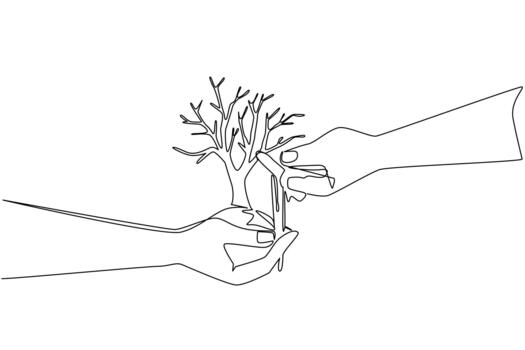 soltero línea dibujar de manos nutriendo y proteger árbol simboliza conservación concepto en mundo ambiente día, promoviendo restauracion, cuidado, y global conciencia de proteger bosques y ecosistema vector