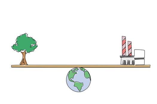 A tree and a factory balanced on a scale above Earth illustrate sustainability and the need for balance between nature and industry in single line drawing style for World Environment Day. vector