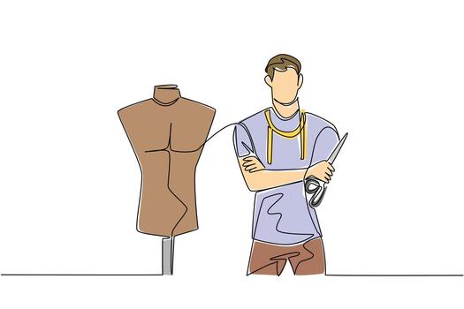 un joven hombre Sastre soportes con maniquí y tijeras en soltero línea dibujo estilo, enfatizando sastrería negocio concepto, prenda artesanía, y reconocimiento de artesanos en nacional sastres día. vector