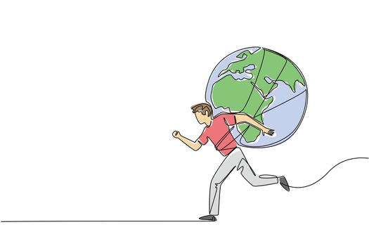 Continuous line drawing of a young man running with the globe carried on his back, designed for Global Running Day to highlight health concept, strength, stamina, and international unity. vector