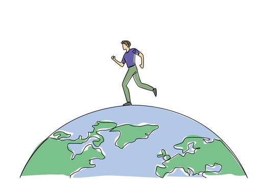 One line drawing of a young man running on the top across the globe, symbolizing the nature concept of health and sports during Global Running Day, celebrating unity and worldwide fitness activities. vector