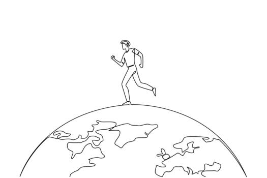 One line drawing of a man running on top of the globe, honoring Global Running Day as a symbol of strength, fitness, and international unity in an inspiring sport concept. vector