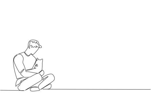 A one line drawing art of a young man sitting cross-legged while hugging his cat, created for National Hug Your Cat Day, symbolizing relaxation, bond, and emotional support in pet concept. vector