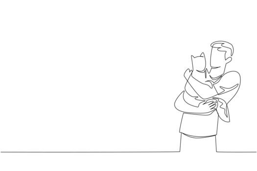 A continuous line drawing of a young man hugging his cat closely, made for National Hug Your Cat Day, showing affection, trust, and warmth in a minimalist pet care concept artwork. vector