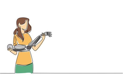 Continuous line drawing of a woman holding a robotic prosthetic arm, representing innovation in assistive health technology and inclusion for World Day for Assistive Technology science concept. vector