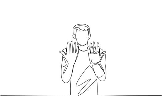 Continuous line drawing of a man raising prosthetic hands, representing strength, courage, and hope on World Day for Assistive Technology within a modern technology concept artwork. vector