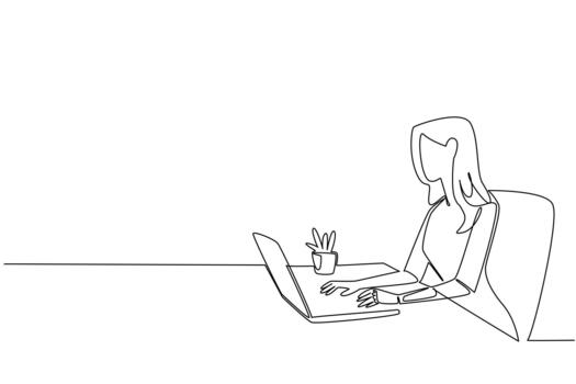 Continuous line drawing of a woman working on laptop with a prosthetic hand, symbolizing digital access and equality for World Day for Assistive Technology in technology concept. vector