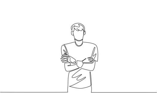 Continuous line drawing of a young man with folded arms and prosthetic hands, representing inclusion, courage, and empowerment for World Day for Assistive Technology, health concept design. vector