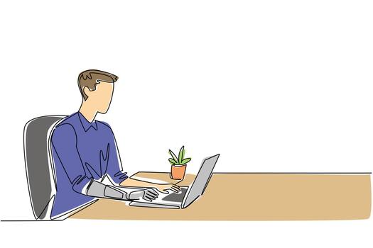 Continuous line drawing of a young man with a bionic arm working on a laptop, symbolizing assistive technology in daily life, health concept, and innovation for World Day for Assistive Technology. vector
