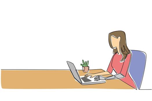 Single line drawing of a woman with a bionic prosthetic arm working on a laptop, symbolizing empowerment, adaptive health concept, and assistive technology for World Day for Assistive Technology. vector