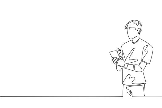 Continuous line drawing of a young man with prosthetic arm using a mobile phone, representing assistive technology and inclusion for World Day for Assistive Technology, health concept. vector