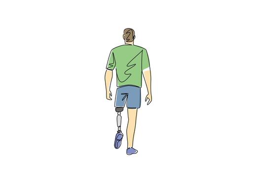 A continuous line drawing of a man with a prosthetic leg walking forward, rear view. Highlighting resilience and assistive technology awareness on World Day for Assistive Technology in health concept. vector