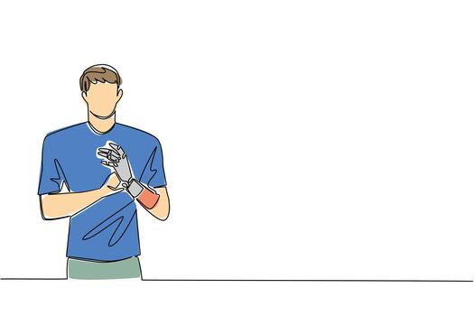 un continuo línea dibujo de un joven hombre con un protésico robótico brazo, representando empoderamiento, resiliencia, y innovación en médico apoyo para mundo día para asistencial tecnología, Ciencias concepto. vector
