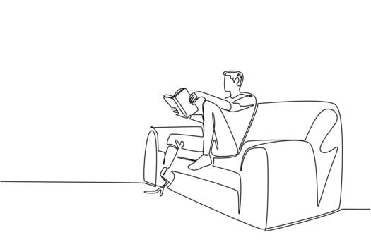 A single line drawing artwork of a young man with a prosthetic leg relaxing on a sofa while reading a book, symbolizing independence and resilience for the World Day for Assistive Technology concept. vector