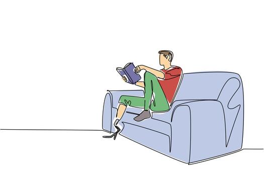 A single line drawing of a young man with a prosthetic leg sitting on a sofa reading a book, symbolizing inclusion and awareness for World Day for Assistive Technology in a health concept. vector