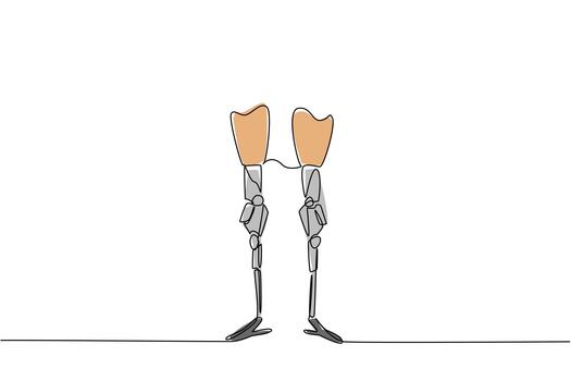 A single line drawing of a pair of prosthetic legs standing side by side, symbolizing accessibility, technological progress, and inclusion for World Day for Assistive Technology in a health concept. vector