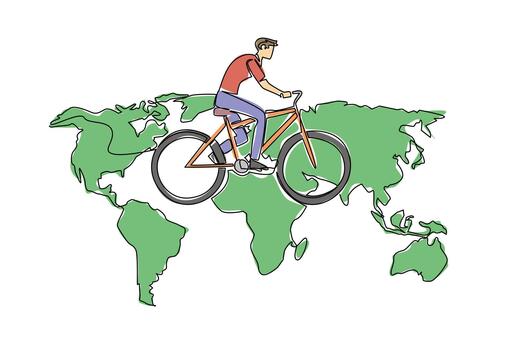 One line drawing of a man cycling on a world map, nature concept, eco-friendly theme for World Bicycle Day, minimalist style representing global unity through cycling. vector