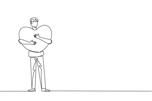 A continuous line drawing of a young man hugging a large heart close to his chest, symbolizing care, affection, and unity for Love Conquers All Day in a relationship and compassion concept. vector