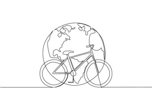 Simple single line drawing of a bicycle placed in front of a large globe, symbolizing the global cycling movement for World Bicycle Day in a sport, health, and environment concept vector