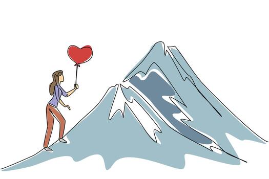 A single line drawing of a woman hiking a snowy mountain with a heart balloon, symbolizing resilience and commitment for Love Conquers All Day in a relationship and perseverance concept. vector