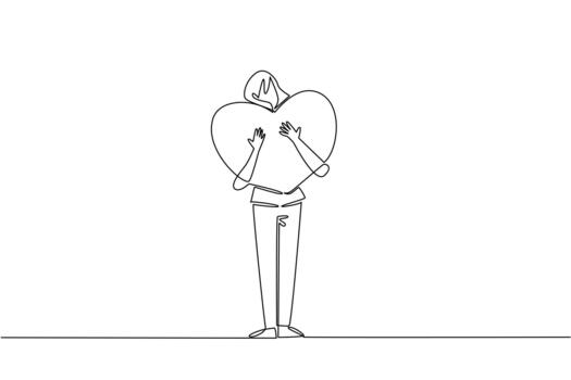 A single line drawing of a woman hugging a large heart with a gentle smile, expressing warmth, tenderness, and connection for Love Conquers All Day in a relationship and kindness concept. vector