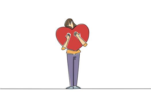 A single line drawing of a woman holding a large heart tightly against her chest, representing connection, tenderness, and unity for Love Conquers All Day in a relationship and affection concept. vector