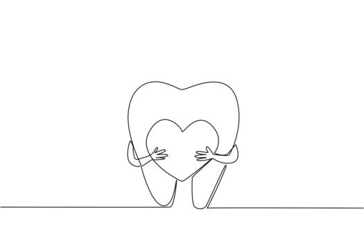 A continuous line drawing of a tooth hugging a heart, symbolizing love and appreciation for dentists on National I Love My Dentist Day in a health concept design. vector