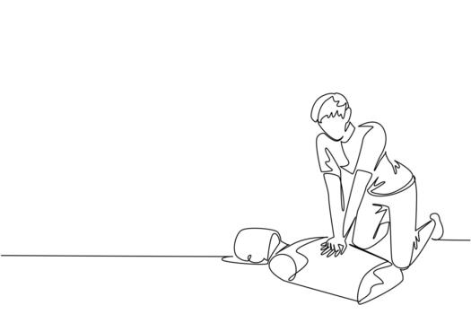 Continuous line drawing of a man practicing CPR chest compressions on a mannequin, representing health concept for National CPR and AED Awareness in lifesaving emergency training. vector