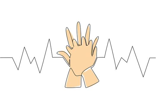 National CPR and AED Awareness scene showing a group practicing CPR, community health concept in continuous line drawing style, promoting teamwork in emergency medical preparedness and response. vector