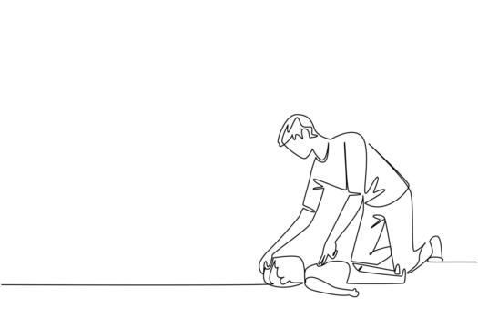 Continuous line drawing of a man checking the airway of a patient lying on the ground, illustrating health concept for National CPR and AED Awareness to encourage quick emergency response. vector