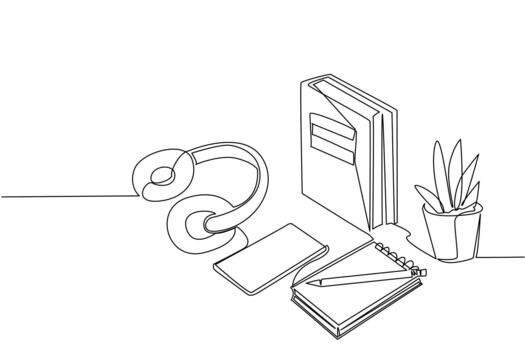 soltero línea dibujo de un escritorio presentando auriculares, libros, bloc, y un pequeño planta. recursos para moderno idioma aprendizaje y promoviendo educación durante ruso idioma día en académico evento vector