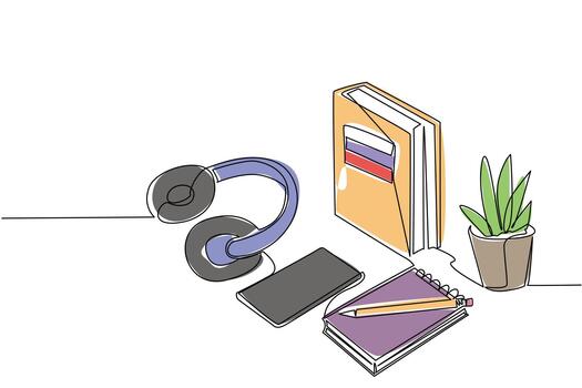 Single line drawing displays a desktop featuring headphones, books marked with the Russian flag, smartphone, notepad, pencil, and a plant, symbolizing digital learning and the educational environment vector