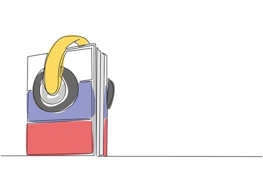 Continuous line drawing of a earphone book featuring Russian flag, representing secure language education, literacy, and the significance of Russian language learning during Russian Language Day event vector
