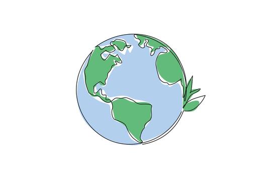 Continuous line draw of Earth with green continents and leaf accent, symbolizing unity, care, and sustainability. This design represents World Caring Day with a nature concept and international event vector
