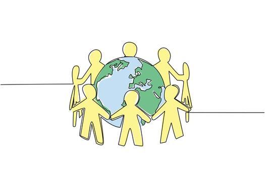 One line draw of diverse human figures holding hand around Earth, representing global unity and compassion. Design of World Caring Day with a human centered nature concept and international event vector