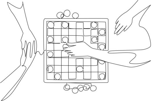 Single line drawing of multiple hands moving tokens on a tabletop board game, representing International Tabletop Day with a community, entertainment, and creativity concept. vector